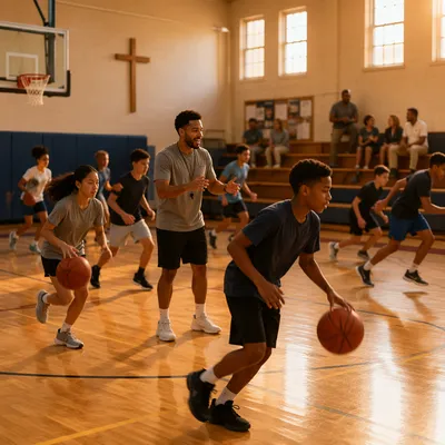 Youth Basketball Practice in Church Gymnasium