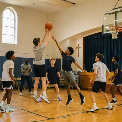 Teen Basketball Game in Church Gymnasium