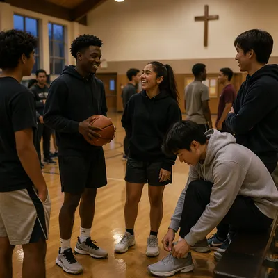 Teenagers Gathering on Church Basketball Court