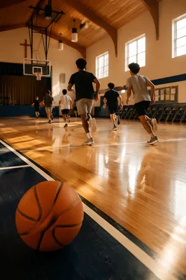 Church Youth Basketball Practice in Gymnasium