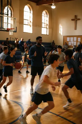 Youth Basketball Practice in Church Gym
