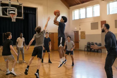 Teens Playing Basketball in Church Gym