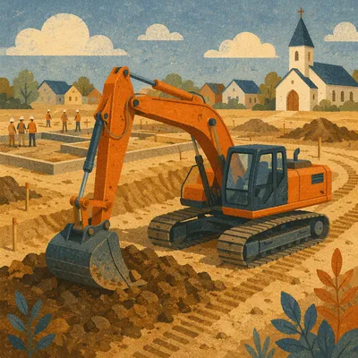 Church Habitat Build Excavator at Sunset