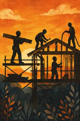 Church Volunteers Building Home at Sunset