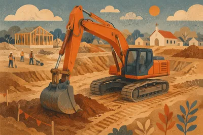 Church Habitat Build Excavator at Sunset