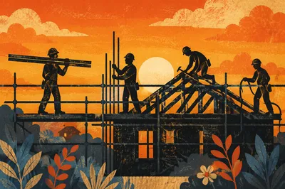 Church Volunteers Building Home at Sunset