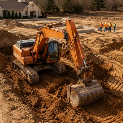 Church Habitat Build Excavator at Work