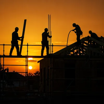 Church Volunteers Building Home at Sunset
