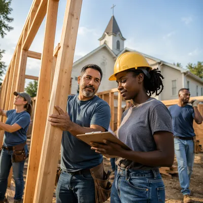 Volunteers Raising Timber Frame by Church