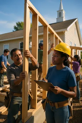 Volunteers Raising Timber Frame Beside Church