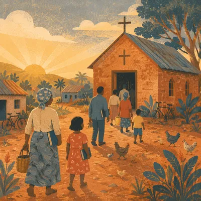 Rural Village Church at Golden Sunrise
