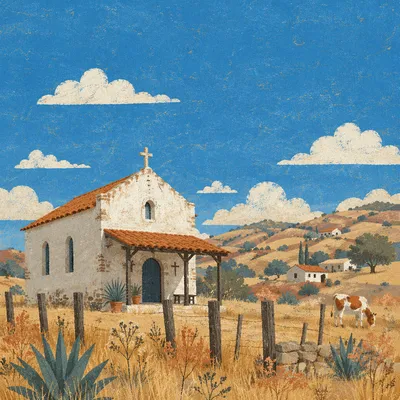 Rural Village Chapel Under Bright Blue Sky
