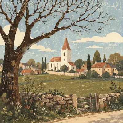 Rural Village Church in Afternoon Light