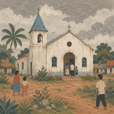Humble Rural Village Church Under Gray Skies