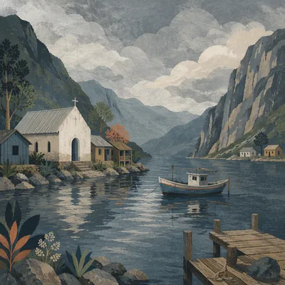 Rural Lakeside Church in Mountain Village