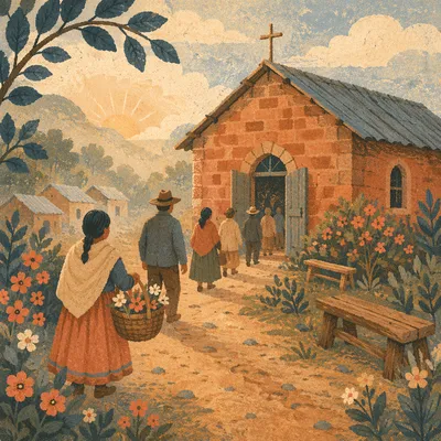 Peaceful Village Church at Morning Path
