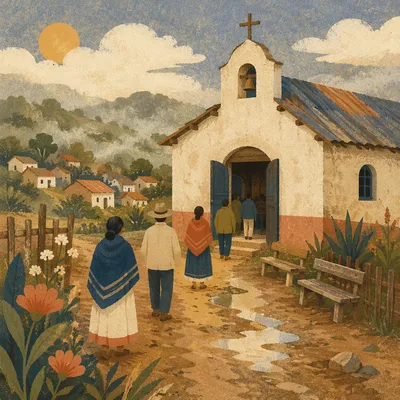 Rural Village Church at Morning Path