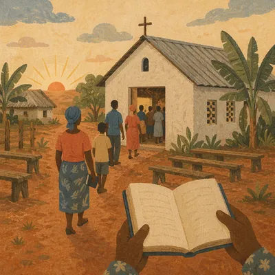 Village Church Gathering at Sunrise