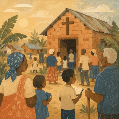 Village Church Gathering in Golden Dust