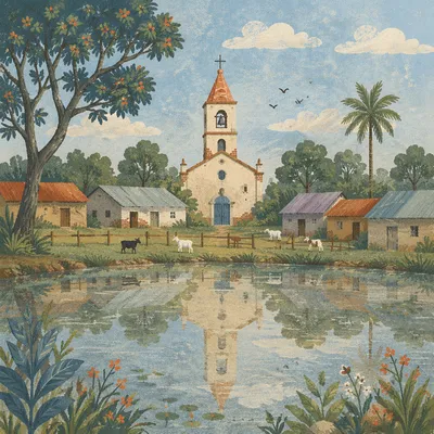 Rural Village Church Reflected in Quiet Pond