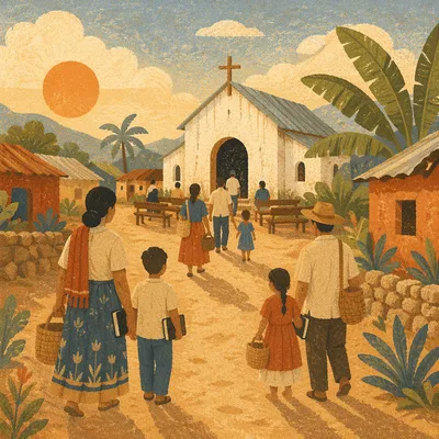 Village Church Gathering at Sunrise
