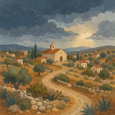 Rural Village Church Under Storm Clouds