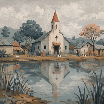 Rural Village Church by Quiet Pond