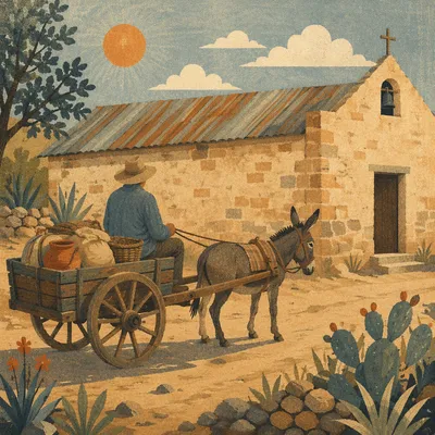 Donkey Cart Beside Rural Village Chapel