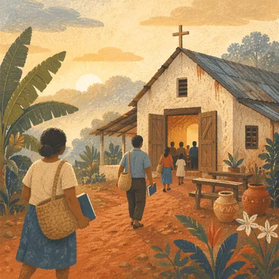 Humble Village Church at Morning Mist