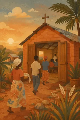Village Church Gathering at Sunrise