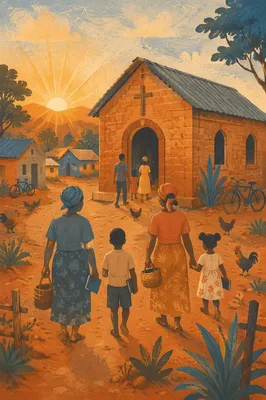 Rural Village Church at Golden Sunrise