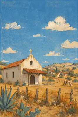 Rural Village Chapel Under Bright Blue Sky