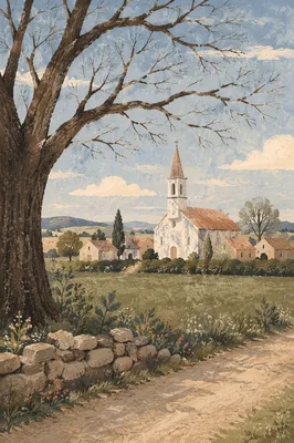 Rural Village Church in Afternoon Light