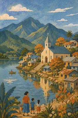 Mountain Village Church Beside Peaceful Lake