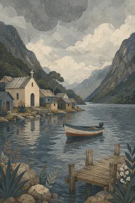 Rural Lakeside Church in Mountain Village