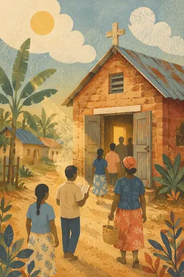 Village Church at Dawn in Warm Folk Art