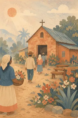 Peaceful Village Church at Sunrise