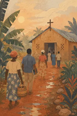 Village Church at Golden Sunrise