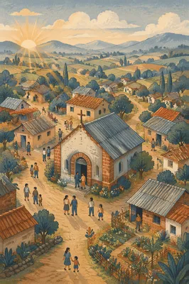 Rural Village Church at Morning Light