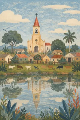 Rural Village Church by Peaceful Pond