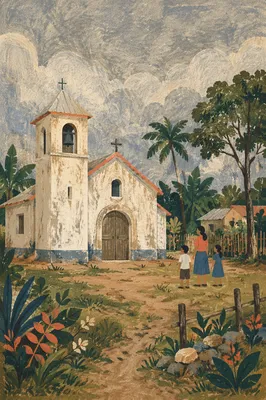 Humble Rural Village Church Under Gray Skies