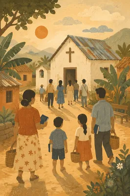 Village Church Gathering at Sunrise