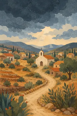 Rural Village Church Beneath Storm Clouds