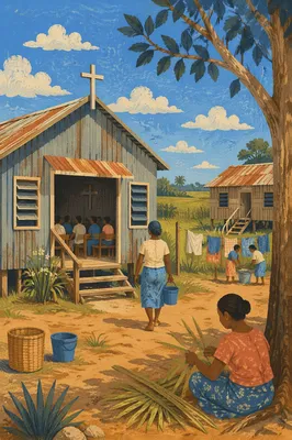 Rural Village Church Under Clear Sky