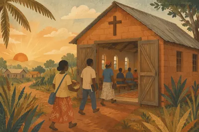 Village Church Gathering at Sunrise