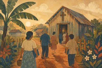 Rural Village Church in Warm Evening Light