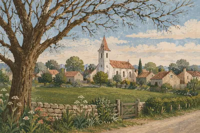 Rural Village Church Across Green Field