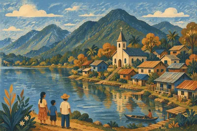 Mountain Village Church by Peaceful Lake