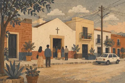 Modest Village Church on Dusty Roadside