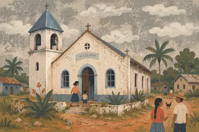 Humble Rural Village Church Under Overcast Sky